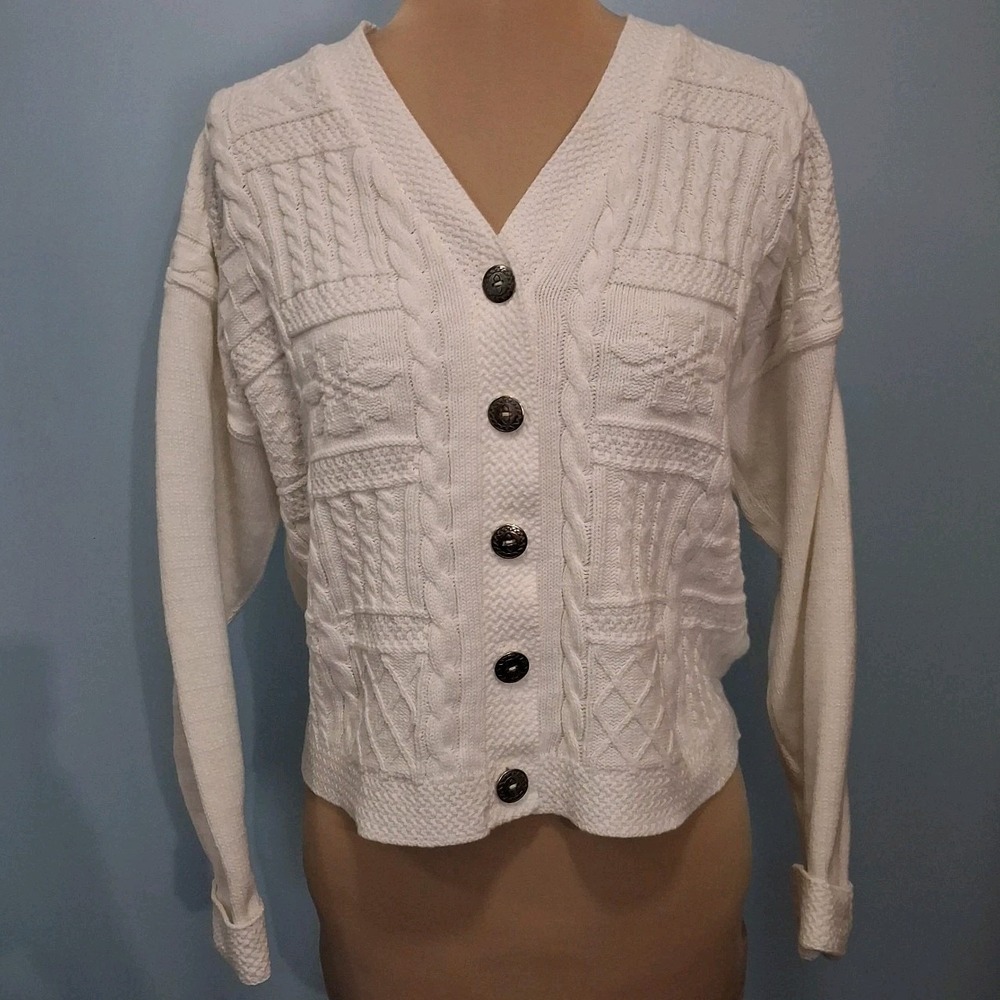 LL Bean Womens White Cardigan Sweater Sz S Cottagecore Grannycore Coquette VTG